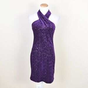 Eliza J Halter Sheath Dress Velvet Sequin Bodycon Purple - 6P